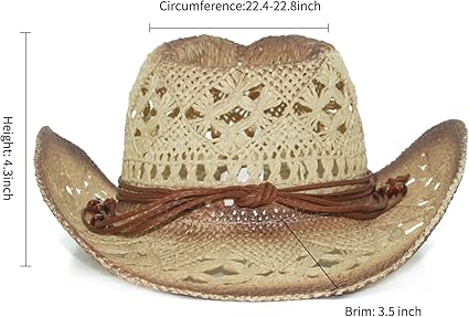 Summer Straw Cowboy Hat – Hollow Out Woven Wide Brim Western Style Sun Hat with Decorative Band, Unisex Outdoor Beach Hat