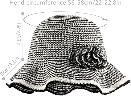 Women’s Black and White Striped Wide Brim Hat with Flower Decoration – Summer Elegant Handwoven Sun Hat