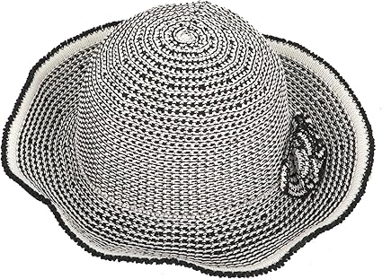 Women’s Black and White Striped Wide Brim Hat with Flower Decoration – Summer Elegant Handwoven Sun Hat