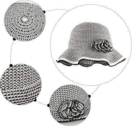 Women’s Black and White Striped Wide Brim Hat with Flower Decoration – Summer Elegant Handwoven Sun Hat