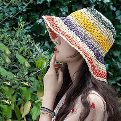Colorful Woven Bucket Hat – Handmade Summer Straw Sun Hat, Casual Beach Hat, Stylish & Versatile