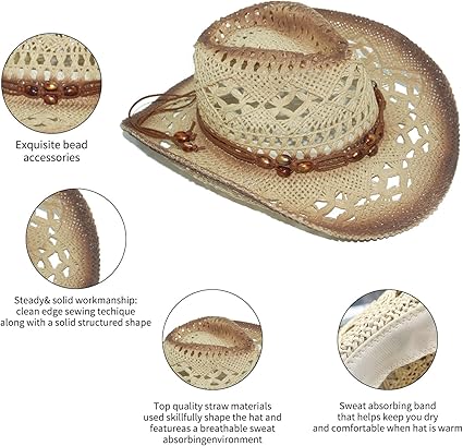 Summer Straw Cowboy Hat – Hollow Out Woven Wide Brim Western Style Sun Hat with Decorative Band, Unisex Outdoor Beach Hat