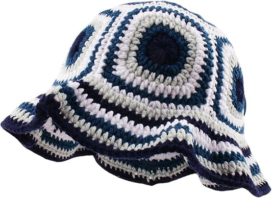 Handmade Crochet Bucket Hat Retro Striped Knitted Cap Casual Street Style Wide Brim Sun Hat for Women