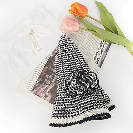 Women’s Black and White Striped Wide Brim Hat with Flower Decoration – Summer Elegant Handwoven Sun Hat