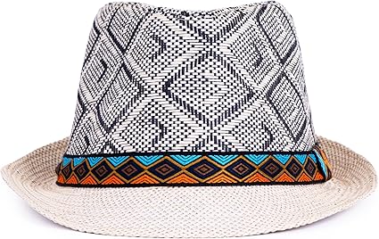 Summer Straw Fedora Hat – Panama Style Sun Hat with Diamond Pattern Weaving, Wide Brim Breathable Hat for Men and Women