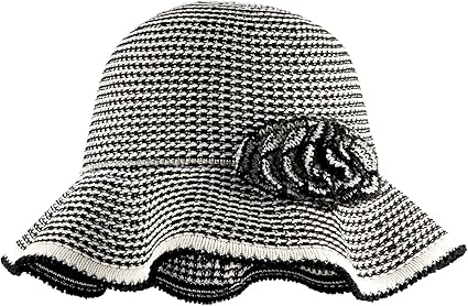 Women’s Black and White Striped Wide Brim Hat with Flower Decoration – Summer Elegant Handwoven Sun Hat